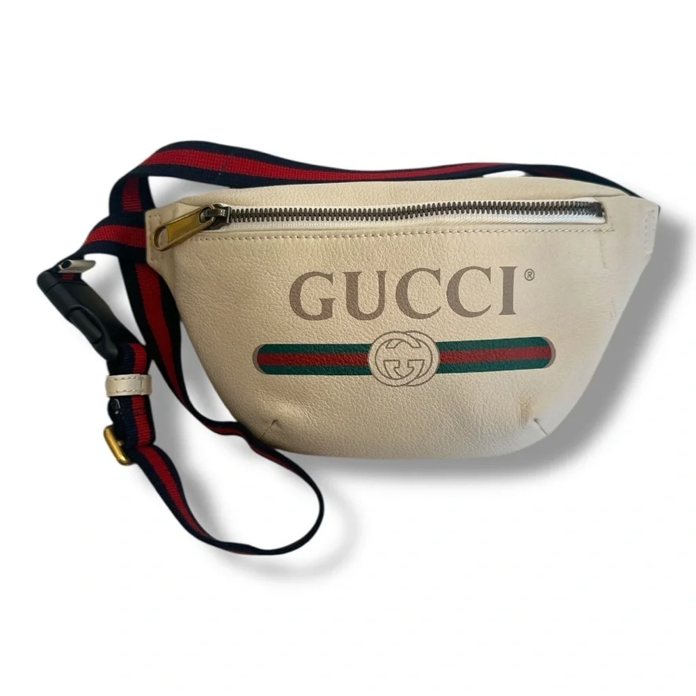 Gucci White Belt Bag with Navy and Red Strap